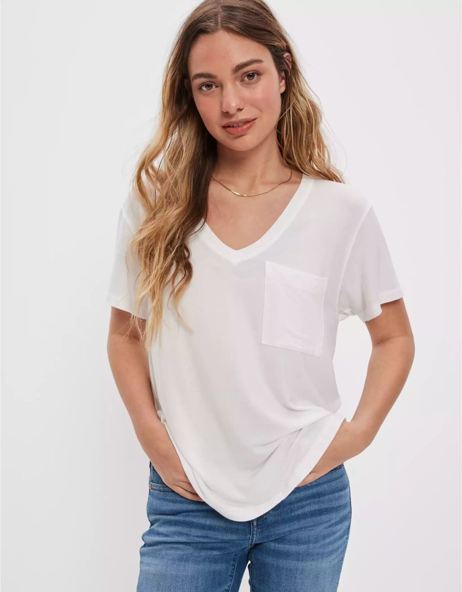 T Shirts American Eagle AE Soft & Sexy V-Neck Pocket Tee Blanche Femme | QHJ-87256362